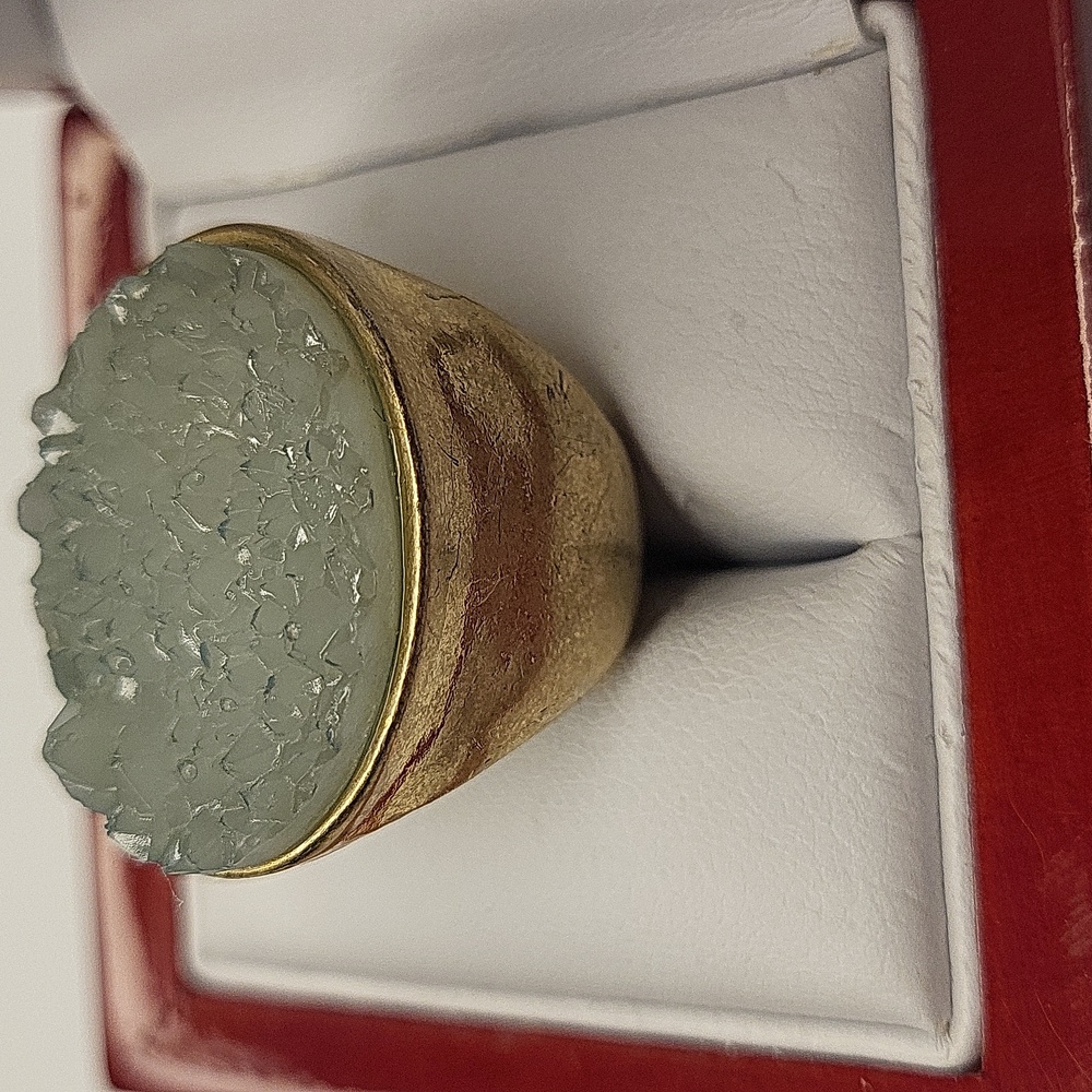 Gold Ring with Light Aqua Druzy Oval Stone - Women's Jewelry - Picture 2 of 4